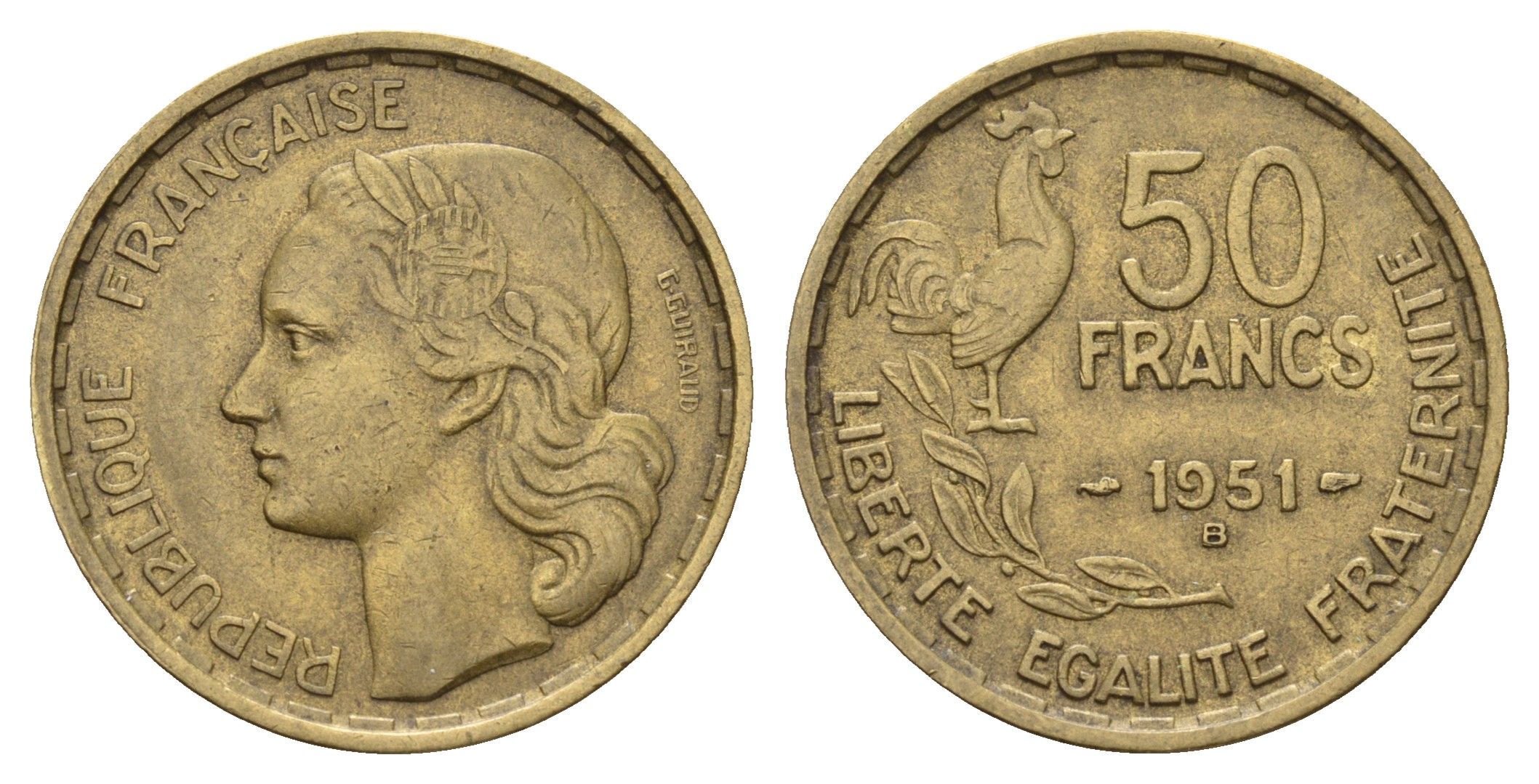 Франция 50 франков 1951 B, Петух KM 918.1, Le Franc 425.5 алюминиевая бронза 4118-642