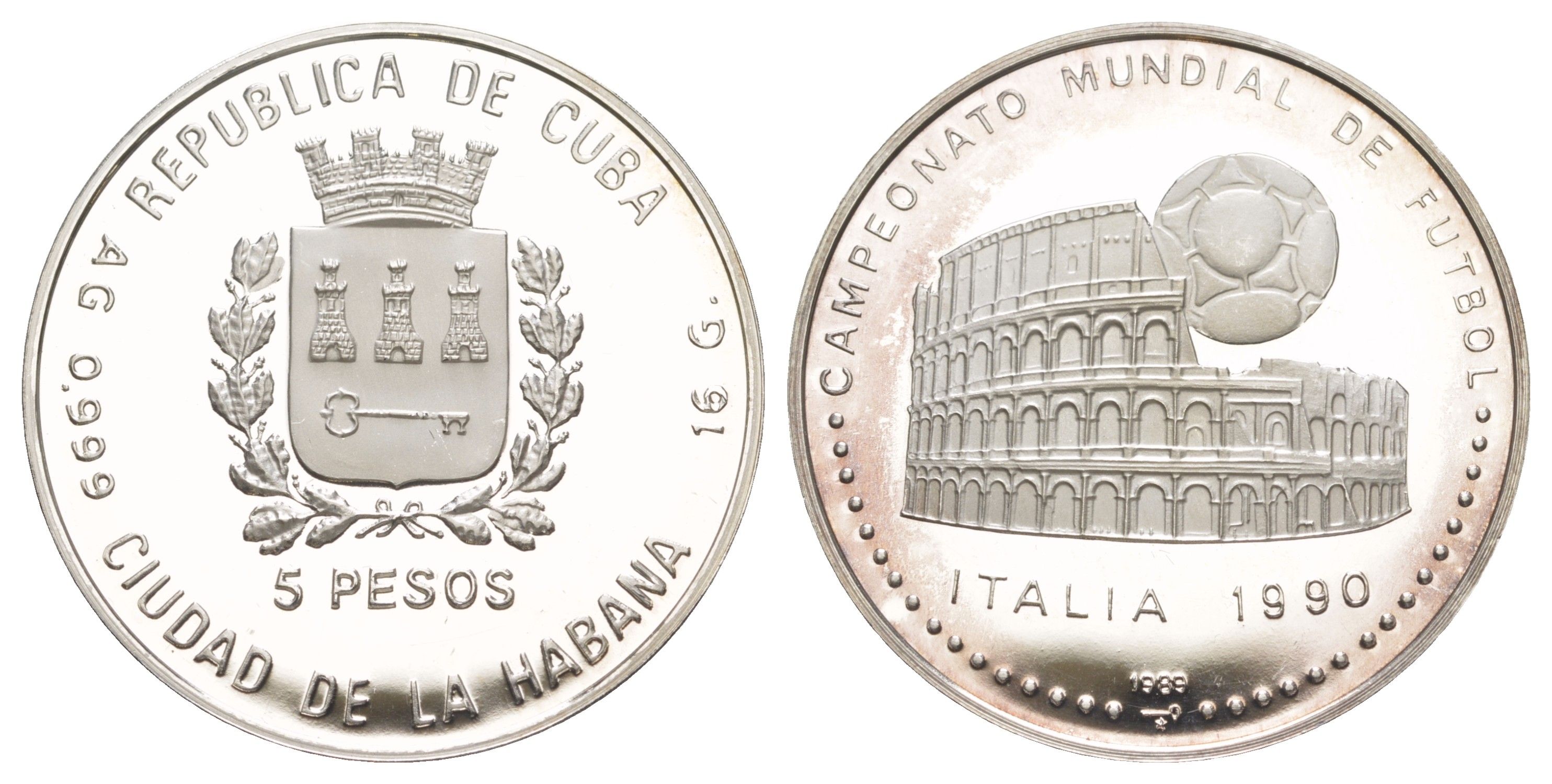 Куба 5 песо 1989 Чемпионат мира по футболу 1990, Италия, Колизей KM 226 серебро PROOF 603-435