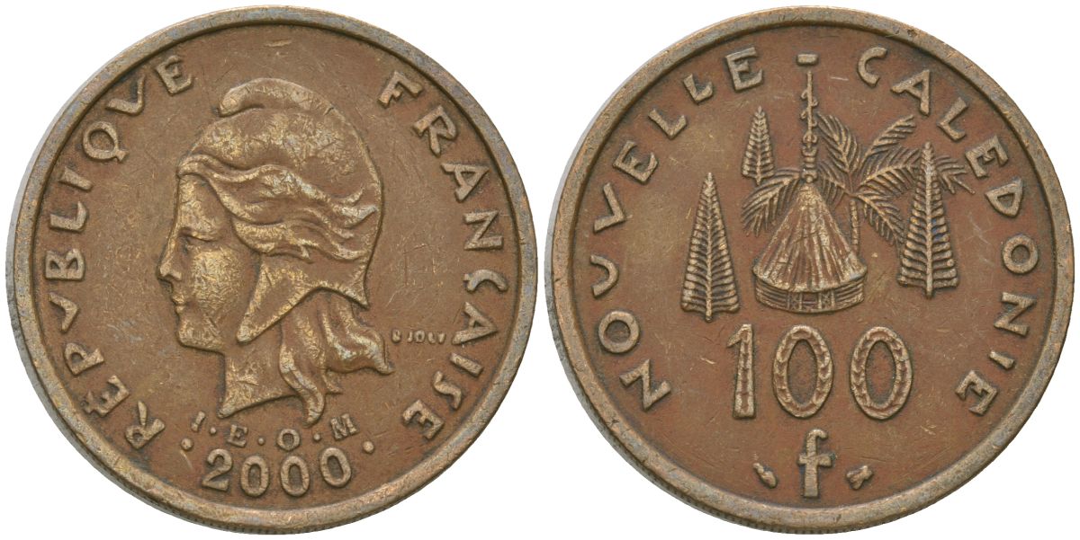 Французская Новая Каледония 100 франков 2000 хижина среди сосен и пальм, (IEOM) KM 15, Schoen 16, Lec 139d никель латунь 4144-411