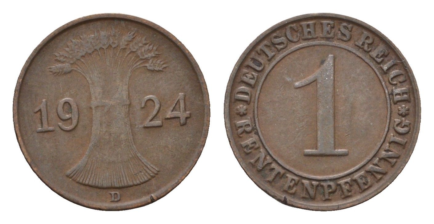 Германия 1 рентенпфенниг 1924 D KM 30, J. 306 бронза 4696-563