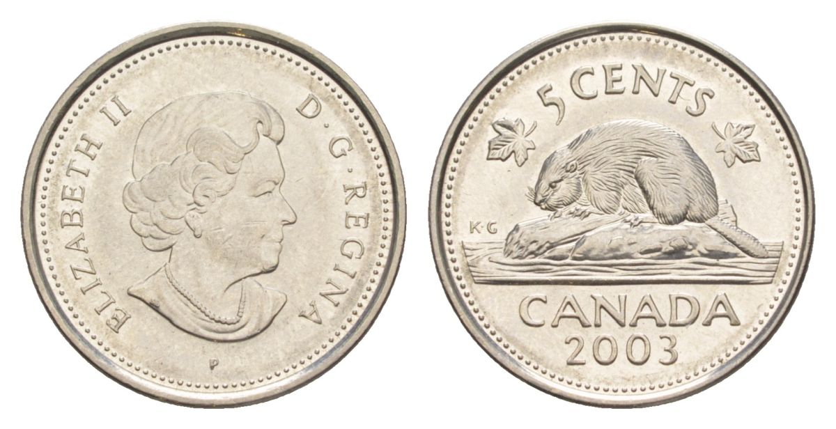 Канада 5 центов 2003 P, Елизавета II (1952-2022), бобр KM 491 сталь плакированная никелем UNC 4630-755