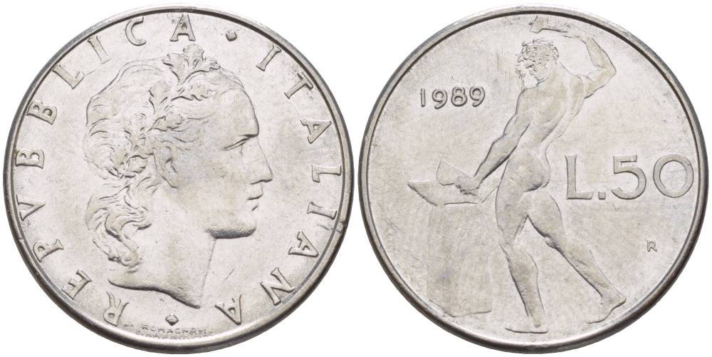 ИТАЛИЯ 50 ЛИР 1989 R, БОГ ОГНЯ ВУЛКАН У НАКОВАЛЬНИ KM 95.1 нержавеющая сталь 4551-422
