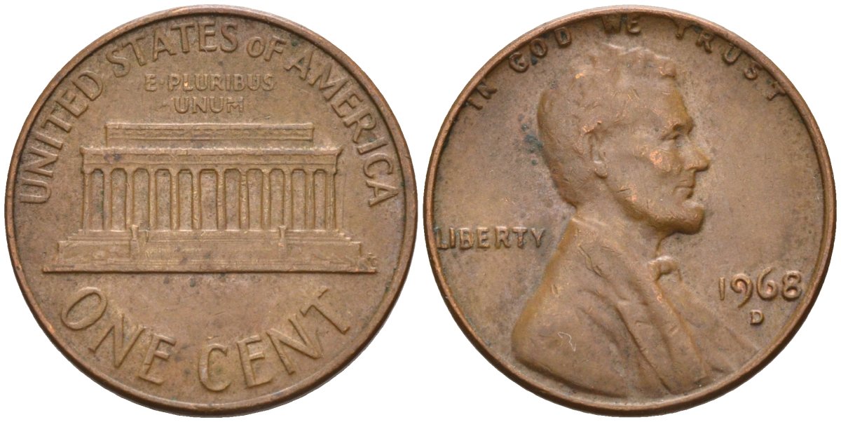 США 1 цент 1968 D, Линкольн KM 201 медь цинк 4115-847