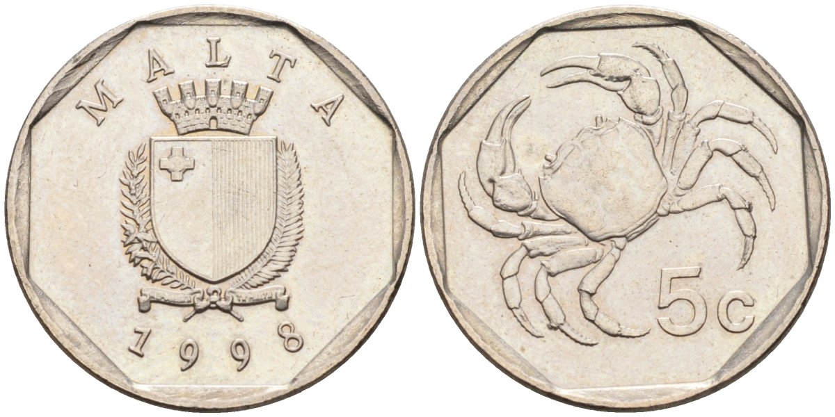 Мальта 5 центов 1995 краб KM 95 медно-никель 4588-141
