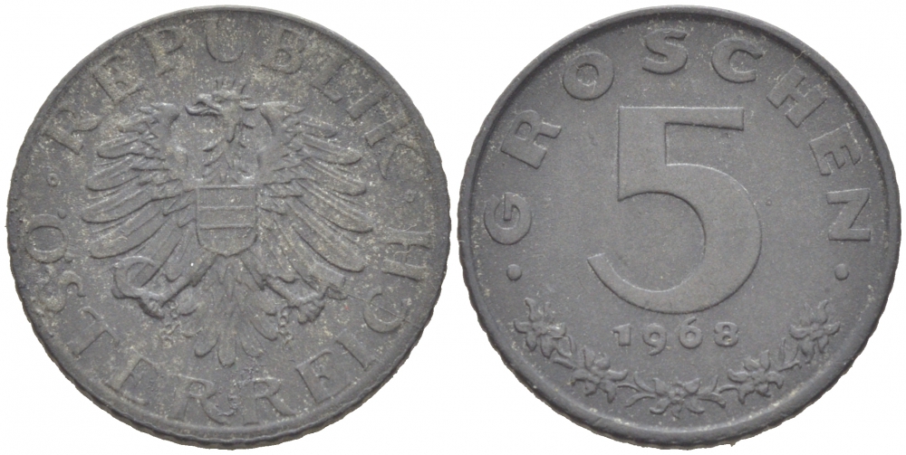 АВСТРИЯ 5 ГРОШЕЙ 1968 KM 2875 цинк 3955-667