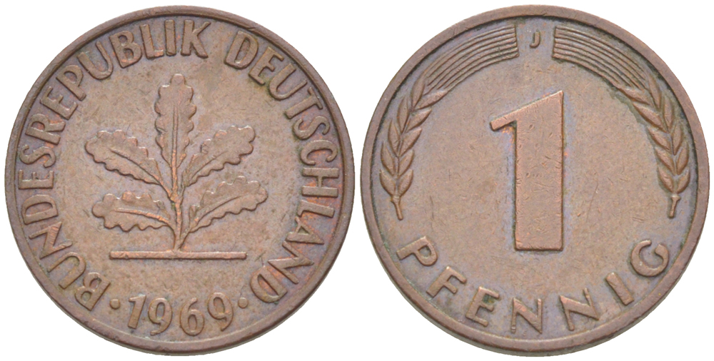 ФРГ 1 ПФЕННИГ 1969 J KM 105, J. 380 сталь плакированная медью 4181-548