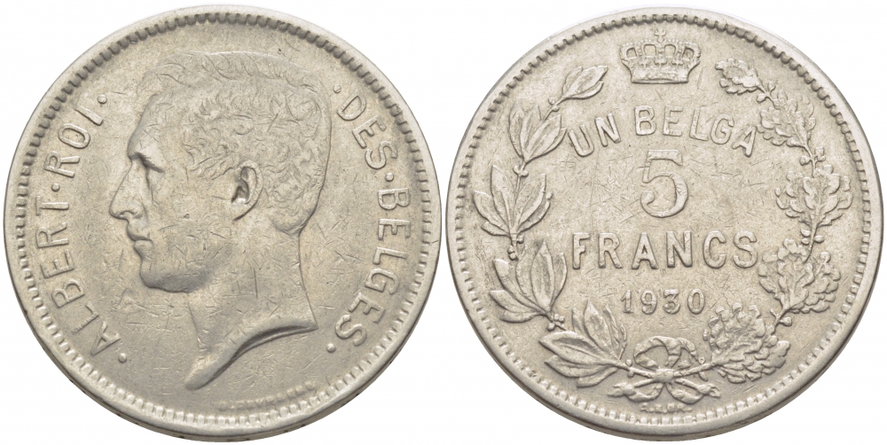 БЕЛЬГИЯ 5 ФРАНКОВ 1930 BELGES KM 97.1 никель 114-841
