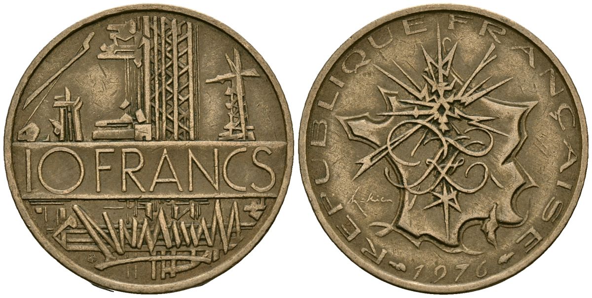 Франция 10 франков 1976 тип Матье KM 940, Le Franc 365.7-8 никель латунь 4120-446