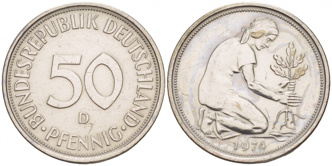 ФРГ 50 ПФЕННИГОВ 1974 D KM 384, J.109.1 медно-никель 4532-328