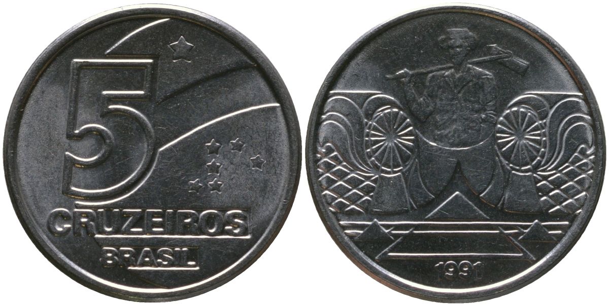 Бразилия 5 крузейро 1991 KM 618.1, Schon 127 нержавеющая сталь 4519-552