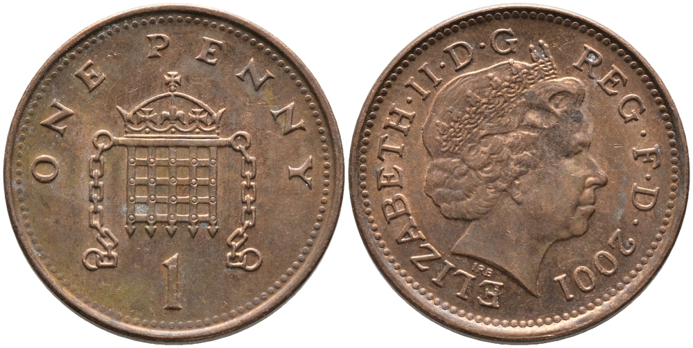 Великобритания 1 пенни 2001 Елизавета II (1952-2022) KM 986, Spink 4710 (B5) сталь плакированная медью 65-917