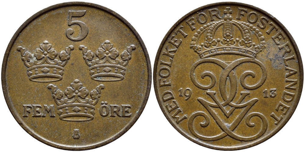Швеция 5 эре 1913 Густав V (1907-1950) KM 779.2 бронза 4394-834
