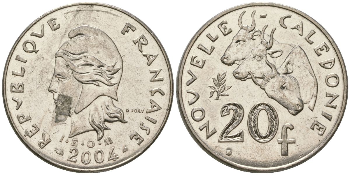 Французская Новая Каледония 20 франков 2004 три быка, (IEOM) KM 12, Schoen 14, Lec 15h никель 4131-721
