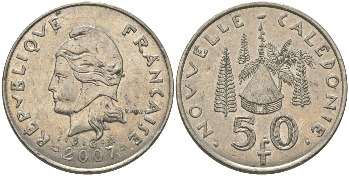 Французская Новая Каледония 50 франков 2007 хижина среди сосен и пальм, (IEOM) KM 13a, Schoen 15a, Lec 128i медно-никель 114-214