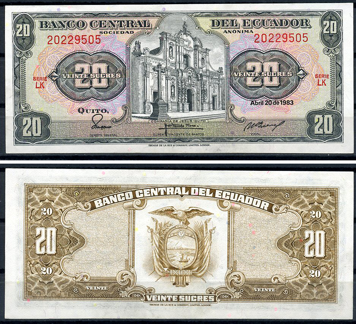 Эквадор 20 сукре 1983 Церковь Общества Иисуса, серия LK Pick 115 b (1983 (7))  бумага  UNC (пресс) 6294-64-2-1