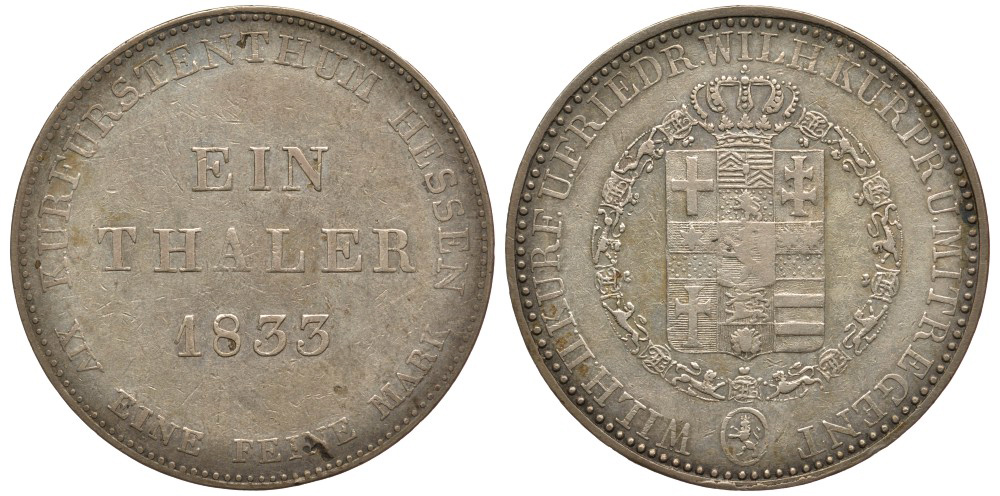 Гессен-Кассель 1 талер 1833 Вильгельм II Гессен-Кассельский (1821-1847) и Фридрих Вильгельм I (1831-1847), тираж 17000 экземпляров КМ 587, AKS 46, J. 32, Davenport 252 серебро 00-807-34