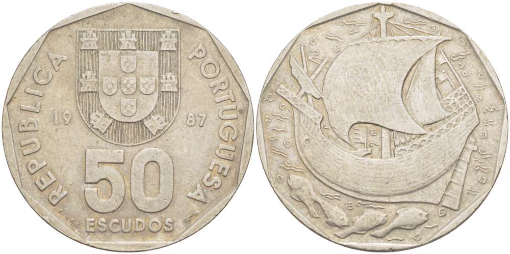 ПОРТУГАЛИЯ 50 ЭСКУДО 1987 КОРАБЛЬ KM 636 медно-никель 4521-315
