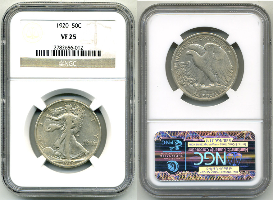 США 1/2 доллара (50 центов) 1920 шагающая свобода, в слабе NGC KM 142 серебро VF 25 00-000-00
