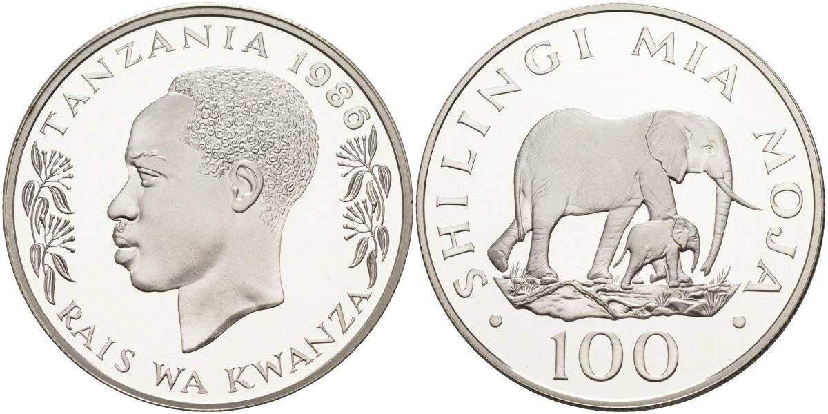 Танзания 100 шиллингов 1986 серия 25 лет окружающей среды, слоны, тираж 25000 экз. ​KM 18а серебро PROOF 1069-3-62
