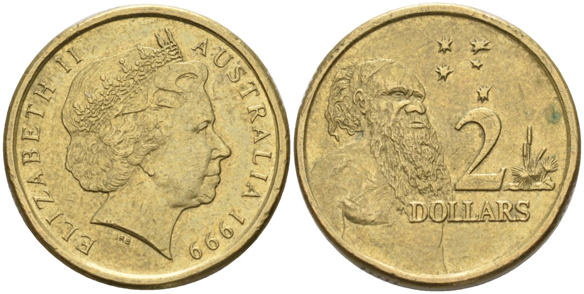 Австралия 2 доллара 1999 абориген, Елизавета II (1953-) KM 406 алюминиевая бронза 4126-1245