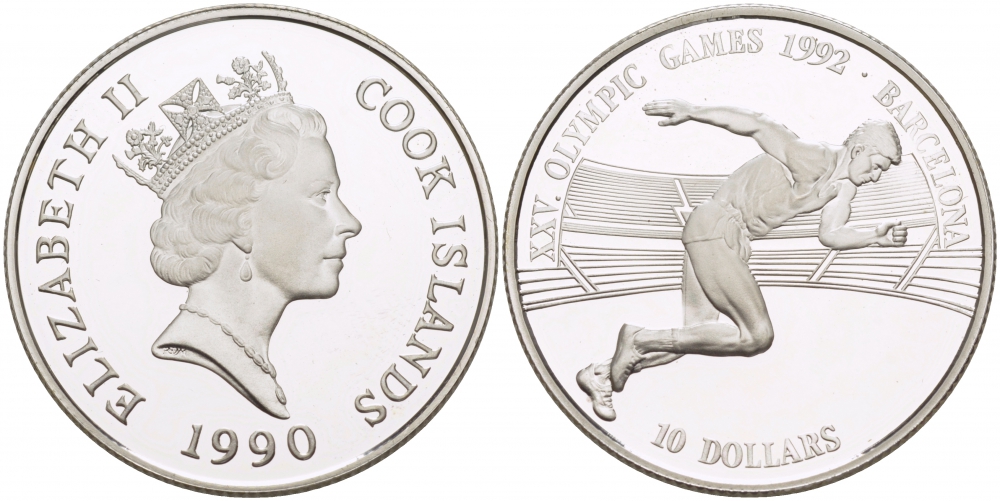 Острова Кука 10 долларов 1990 XXV летние Олимпийские игры в Барселоне 1992 года, бег KM 79 серебро PROOF 02-227-13