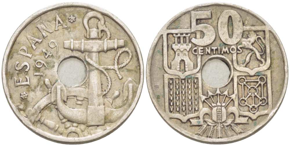 ИСПАНИЯ 50 СЕНТИМО 1949 (62) ФРАНСИСКО ФРАНКО ДИКТАТОР ИСПАНИИ (1939-1975), МОРСКАЯ АТРИБУТИКА KM 777 медно-никель 210-1113