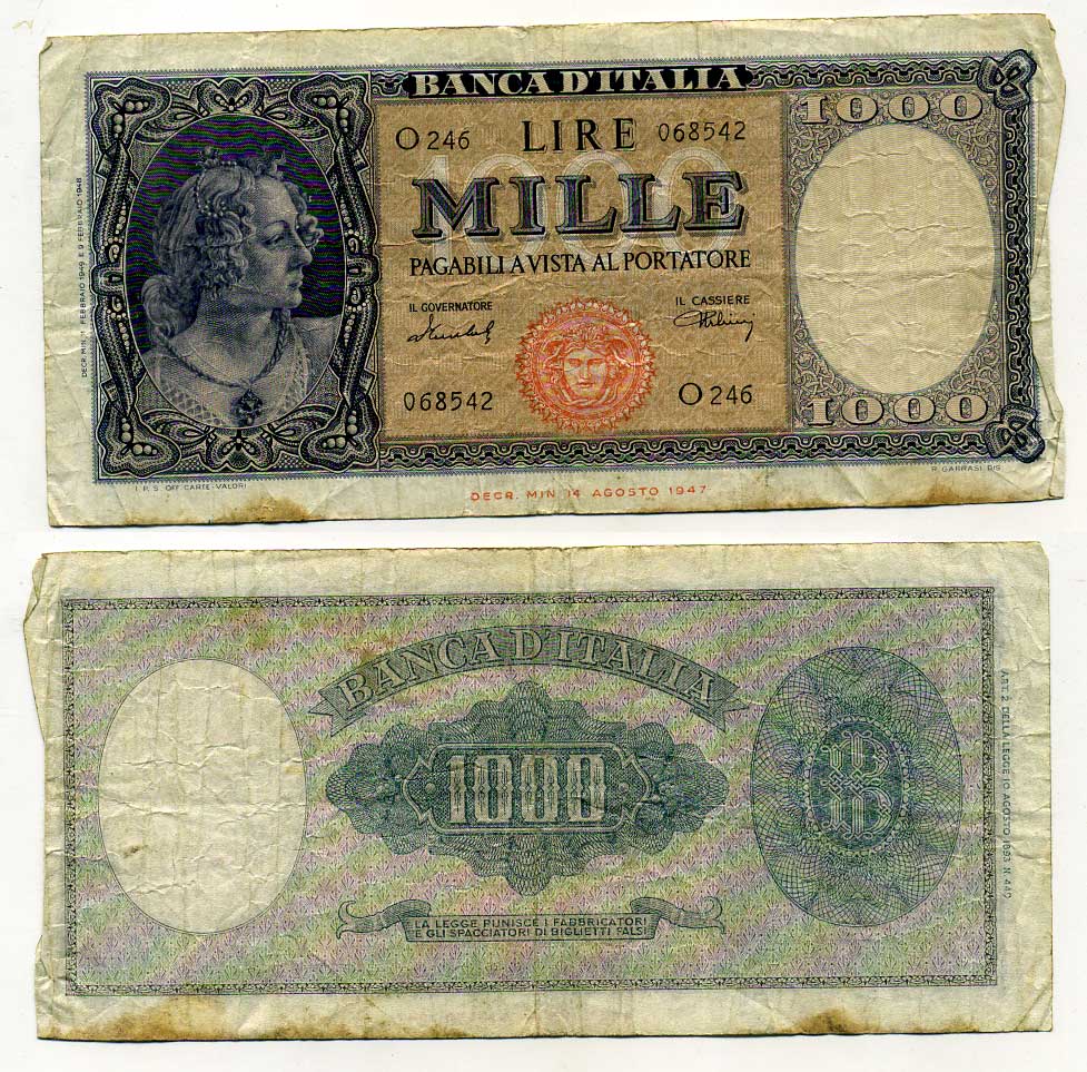 Италия 1000 лир 1947 изображение одной из трех граций (Сандро Боттичели), Pick 83 бумага 7203-17-3-2