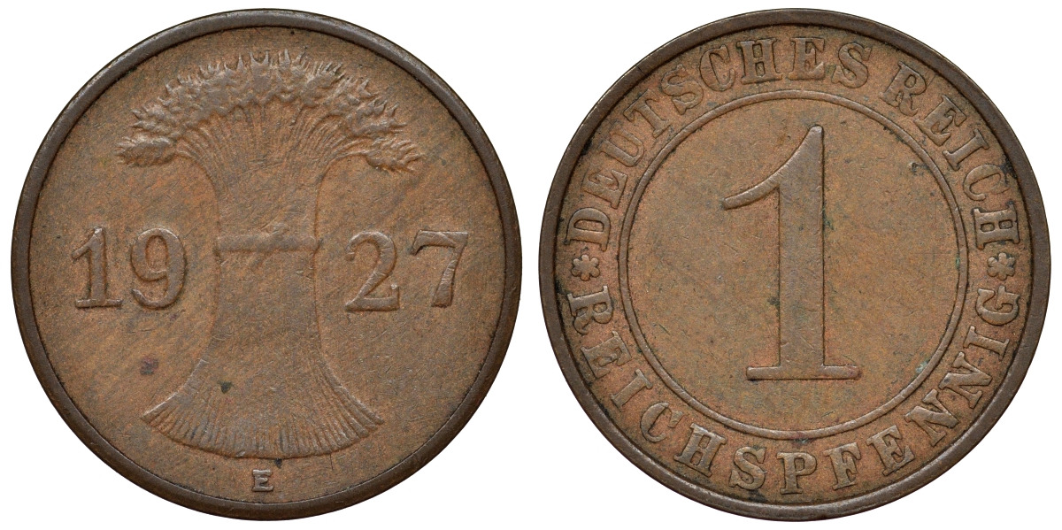 Германия 1 рейхспфенниг 1927 E KM 37, J. 313 бронза 4124-115