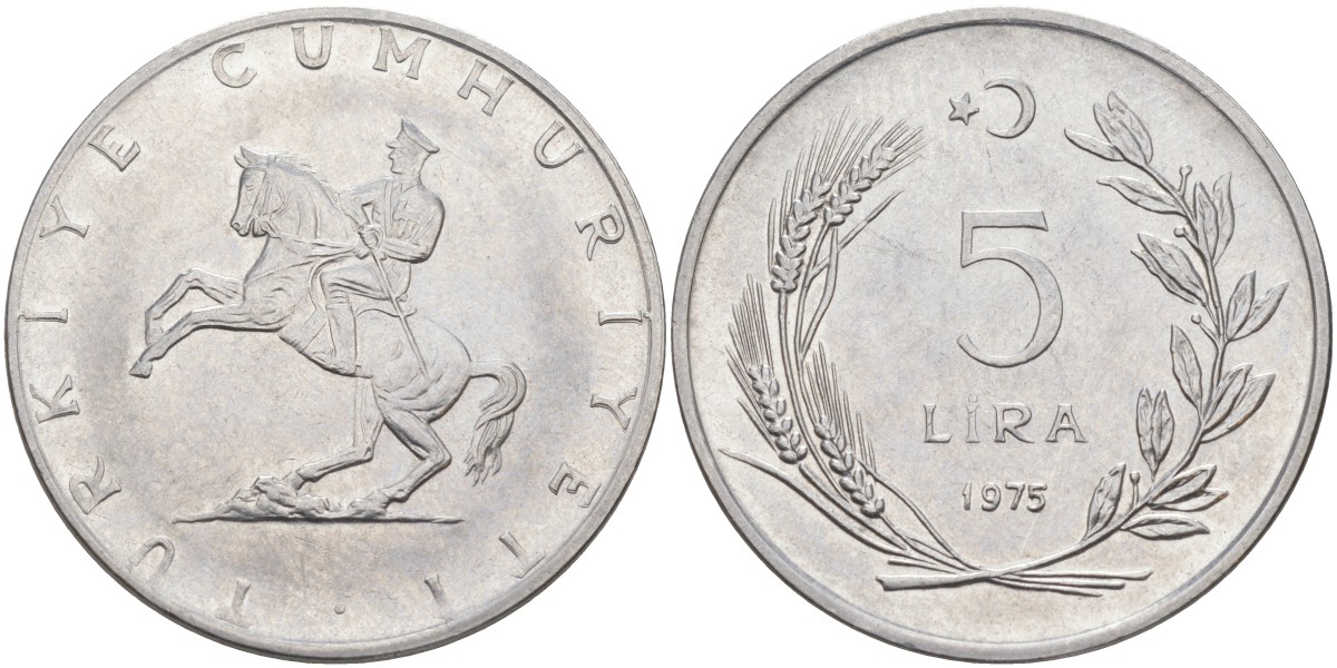Турция 5 лир 1975 KM 905 нержавеющая сталь 4512-1022