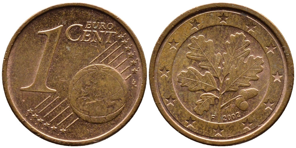 ГЕРМАНИЯ 1 ЕВРОЦЕНТ 2002 F KM 207 сталь плакированная медью 4387-1229