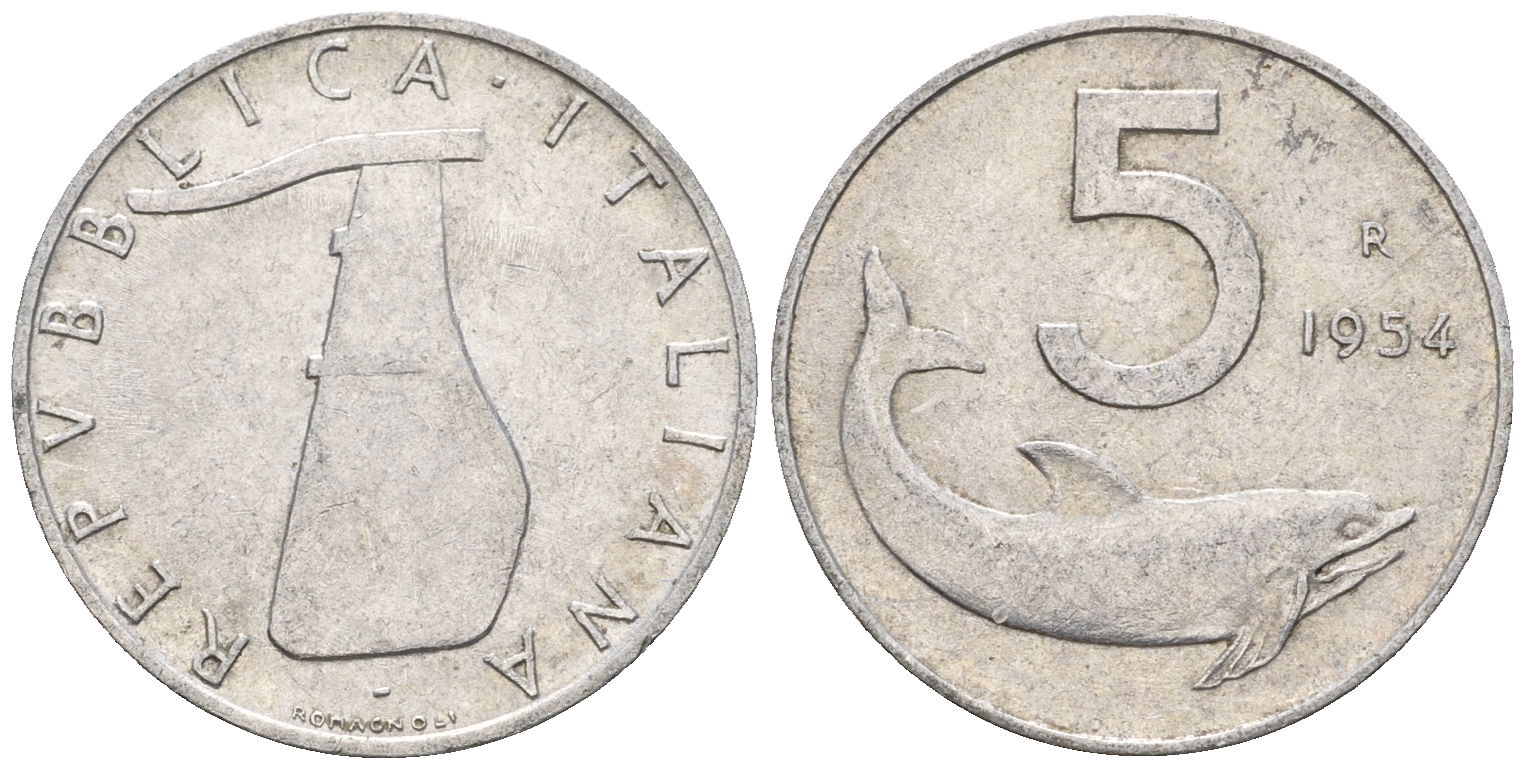 Италия 5 лир 1954 R, руль, дельфин KM 92 алюминий 259-123