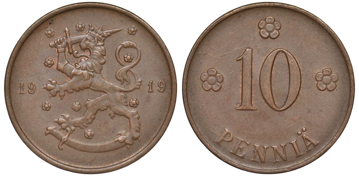 Финляндия 10 пенни 1919 KM 24 медь 45-842