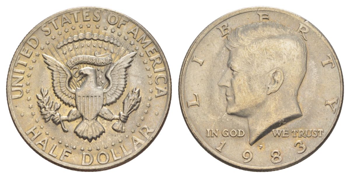 США 1/2 доллара (50 центов) 1983 P, Джон Кеннеди KM A202b медь плакированная медно-никелем aUNC 180-1014