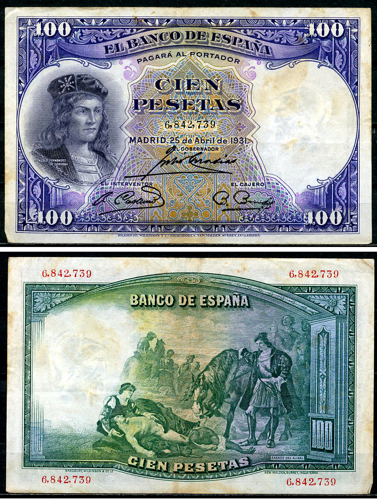 Испания 100 песет 1931 Гонсало Фернандес де Кордова, картина Касадо дель Алисаль Pick 83  бумага   6294-69-2-1