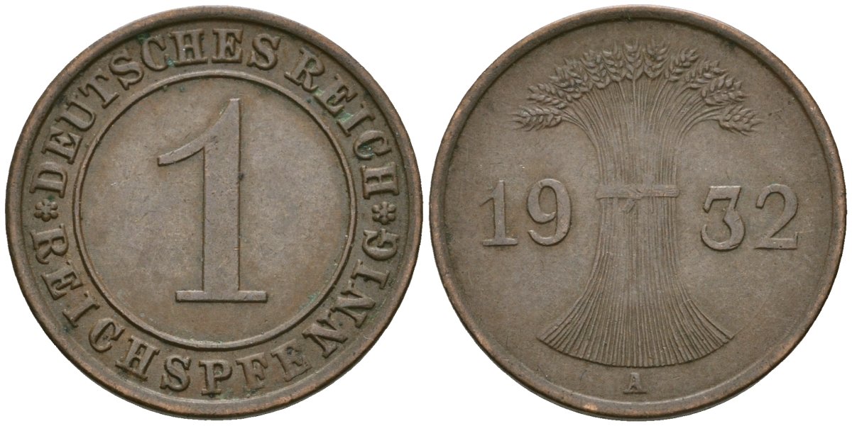 Германия 1 рейхспфенниг 1932 A KM 37, J. 313 бронза 4189-1149