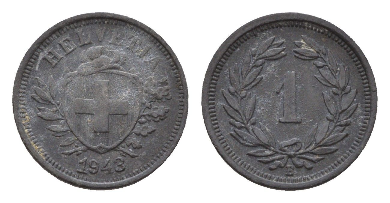 Швейцария 1 раппен 1943 B KM 3a цинк 4679-433