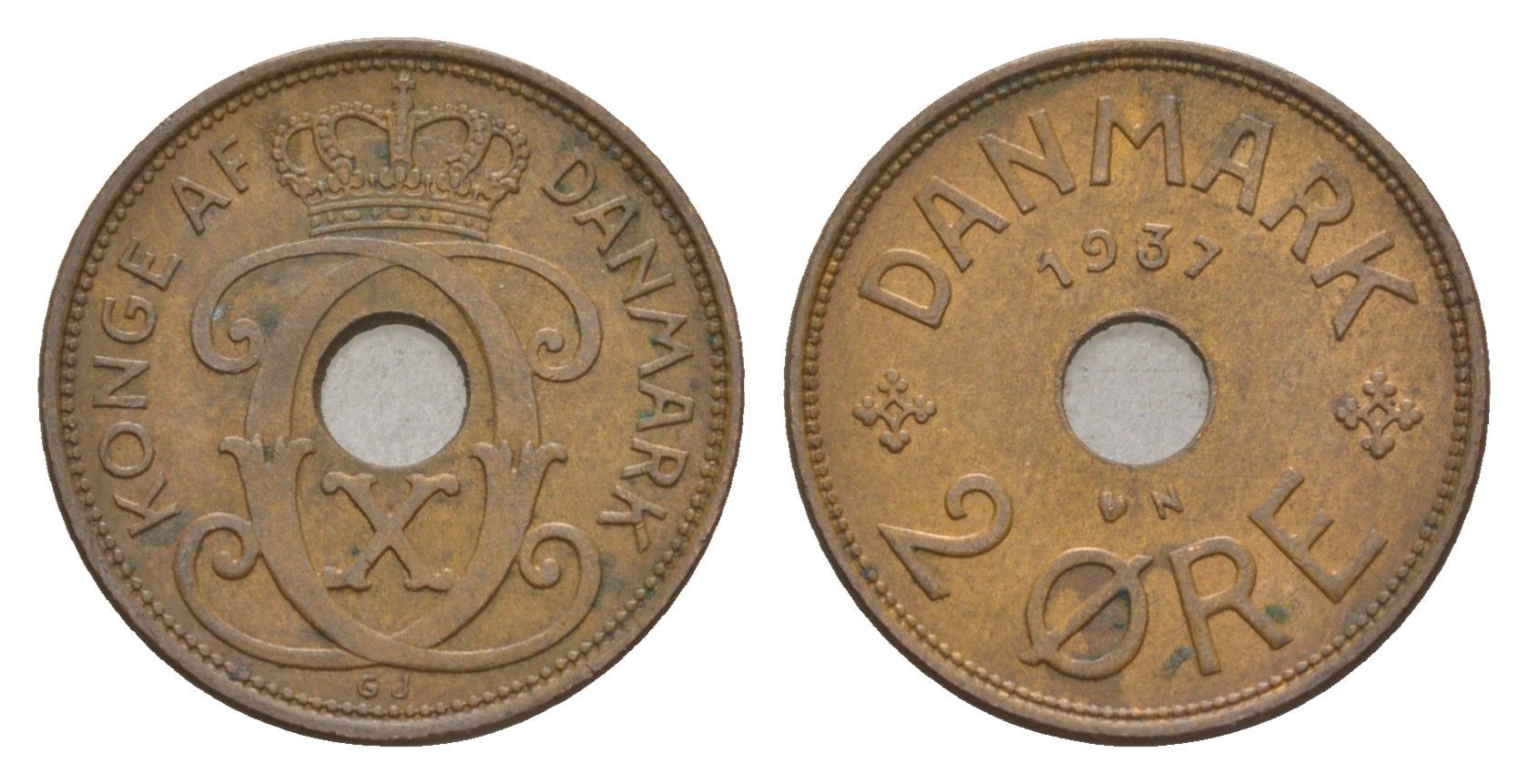 Дания 2 эре 1937 N, Кристиан X (1912-1947) KM 827 бронза 4658-243