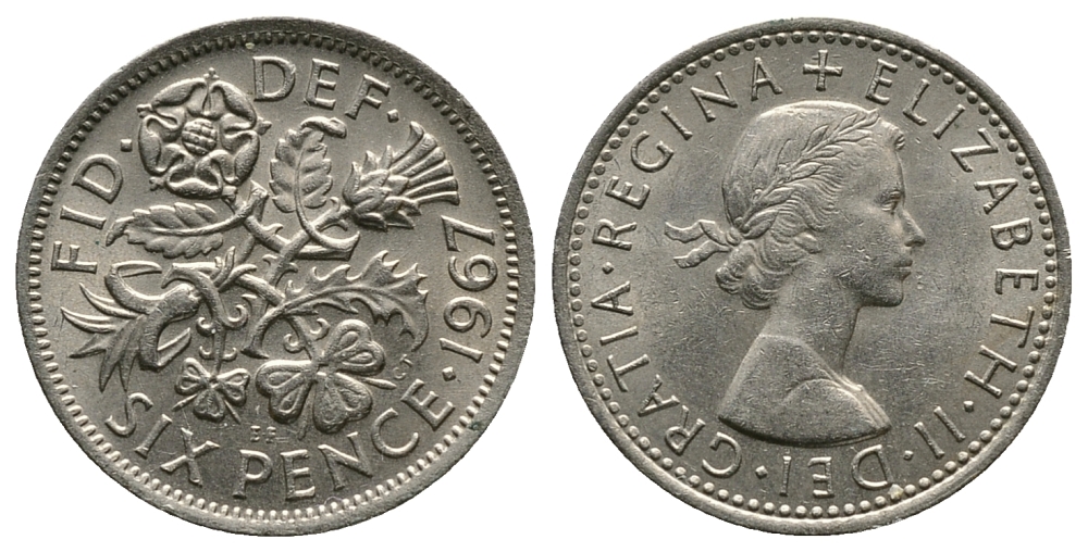 Великобритания 6 пенсов 1967 Елизавета II (1952-2022) KM 903, Spink 4149 медно-никель 89-715