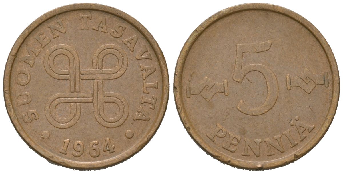 Финляндия 5 пенни 1964 редкий год - тираж 4.634.000 KM 45 медь 99-959