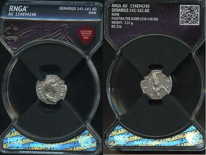 Римская Империя денарий 141-161 Фаустина Старшая, жена Антонина Пия, посмертная чеканка, DIVA FAVSTINA, бюст императрицы/AVGVSTA, Церера, Рим, в слабе RNGA - AU RIC 356 серебро 15-004-16