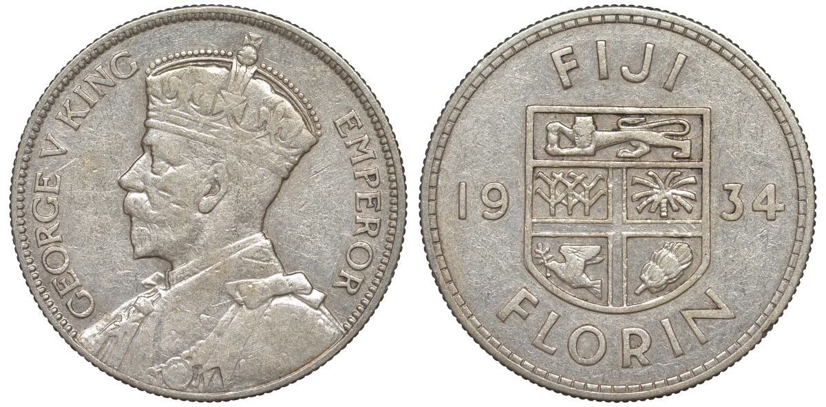 Фиджи 1 флорин 1934 Георг V (1910-1936), герб Фиджи KM 5 серебро    91-1131