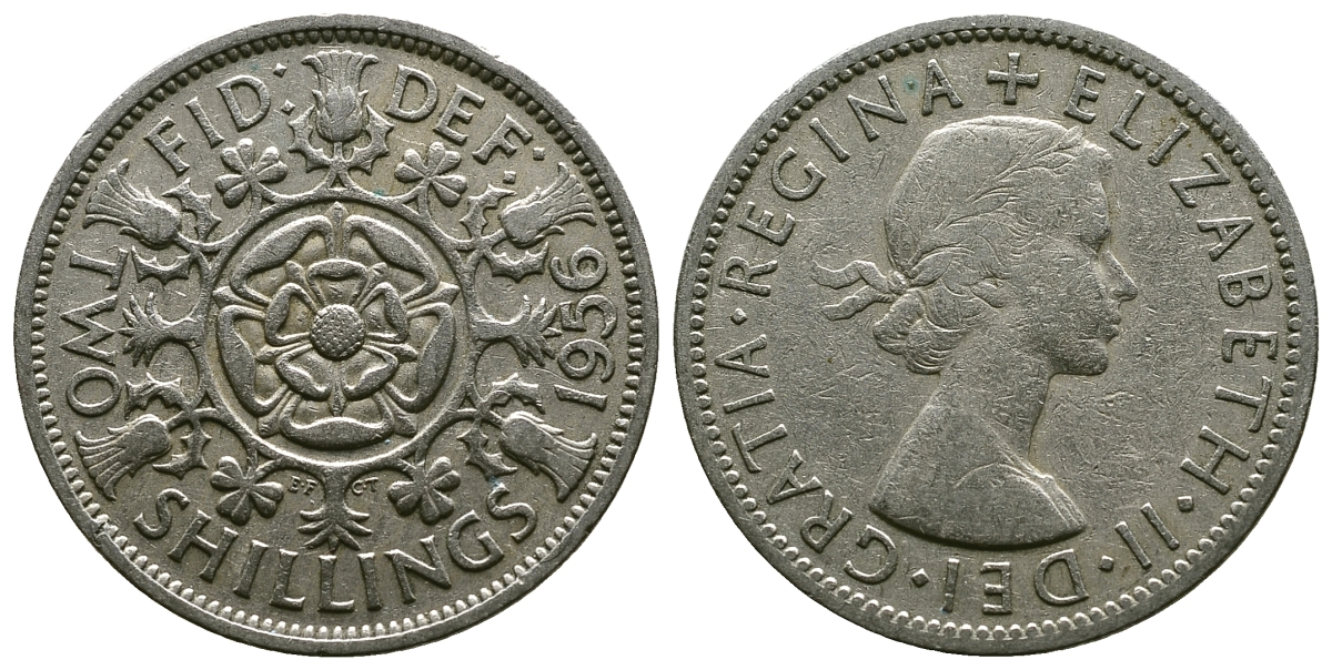 Великобритания 2 шиллинга (флорин) 1956 Елизавета II (1952-2022) KM 906, Spink 4146 медно-никель 4607-936
