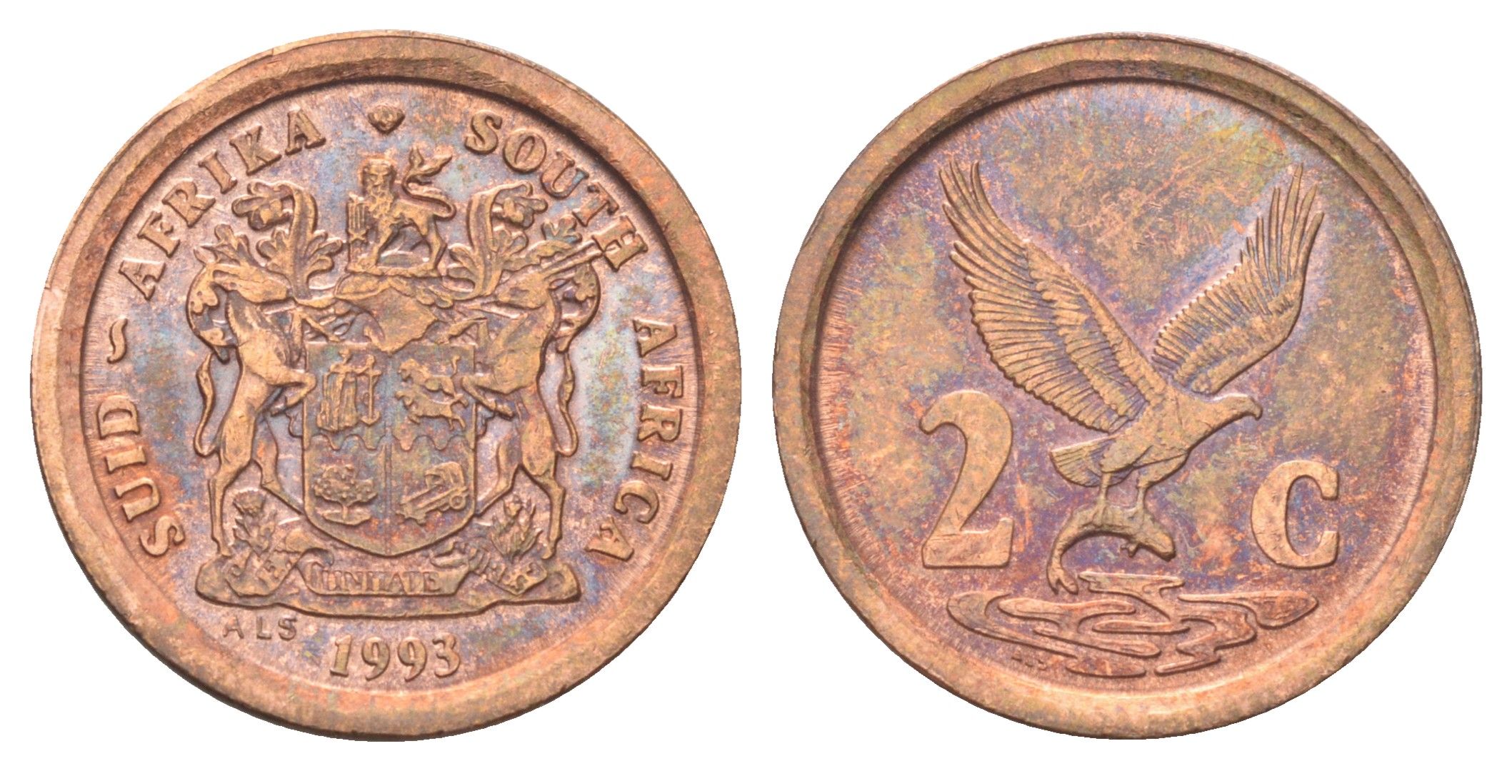 ЮАР 2 цента 1993 орел с рыбой KM 133 сталь плакированная медью UNC 4696-941