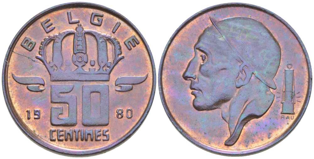 БЕЛЬГИЯ 50 САНТИМОВ 1980 BELGIE, БОДУЭН I (1951-1993) KM 149.1 бронза 214-224