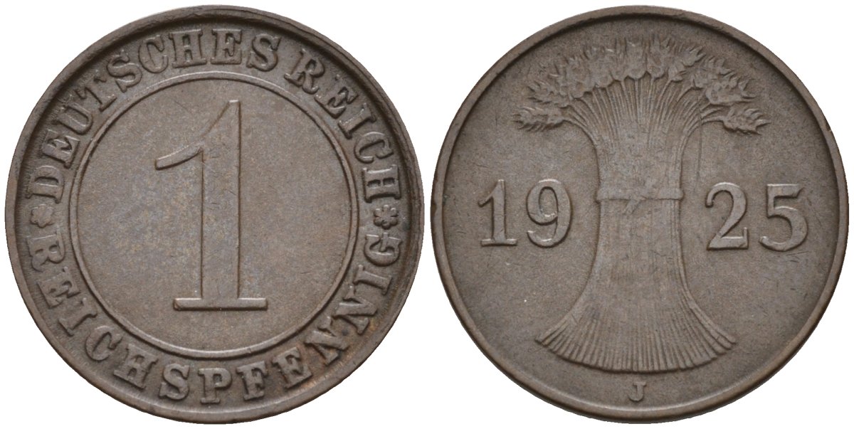 Германия 1 рейхспфенниг 1925 J KM 37, J.313, Weege 2 медь 4585-558