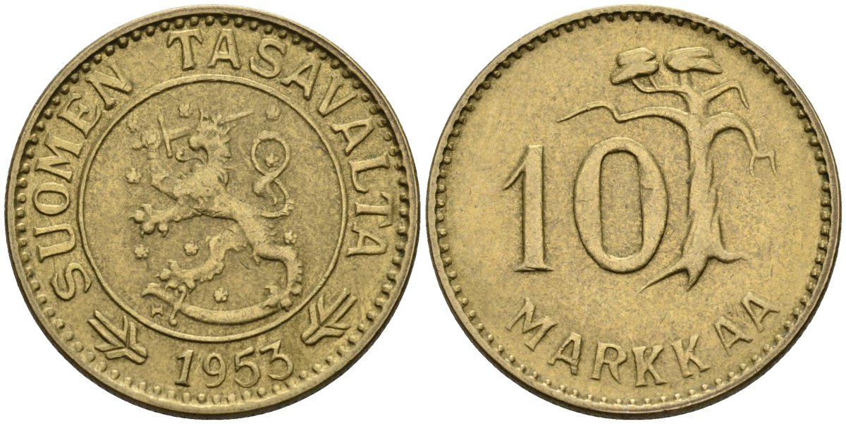 Финляндия 10 марок 1953 KM 38 алюминиевая бронза 4585-931