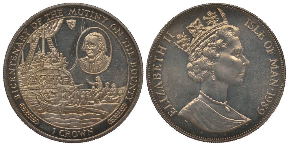 ОСТРОВ МЭН 1 КРОНА 1989 200 ЛЕТ МЯТЕЖУ НА ПАРУСНИКЕ БАУНТИ, КАПИТАН БЛАЙ С ВЕРНЫМИ МАТРОСАМИ ПОКИДАЕТ ПАРУСНИК НА ШЛЮПКЕ KM 242 медно-никель UNC 00-00