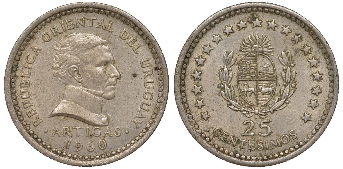 Уругвай 25 сентесимо 1960 KM 40 медно-никель 4532-148