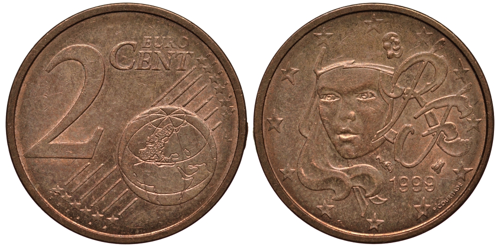Франция 2 евроцента 1999 KM 1283 сталь плакированная медью 4181-438