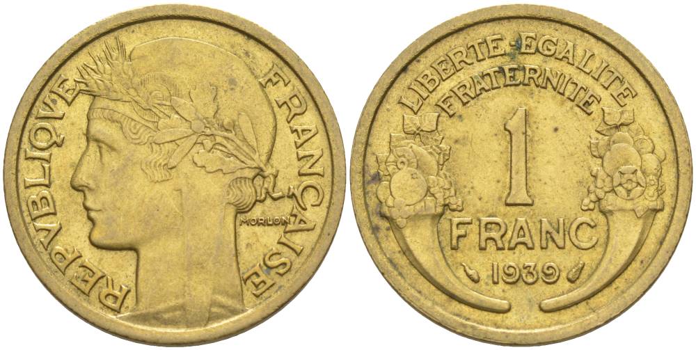 Франция 1 франк 1939 тип Морлон KM 885, LE FRANC 219.10 алюминиевая бронза 3853-151